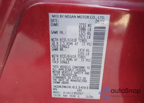 2017 Nissan Pathfinder Platinum/S/Sl/Sv z USA, uszkodzony, nr VIN 5N1DR2MN2HC613493